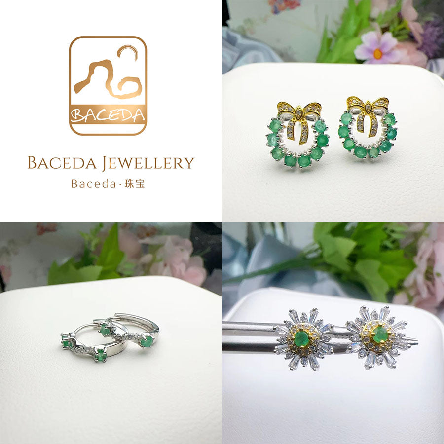 Emerald Earrings S925 Sterling Silver Stub English Lock Earring Halo Bowknot Round Gemstones