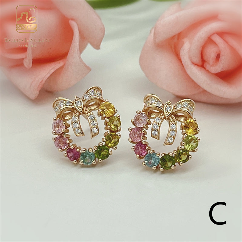 Baceda Colorful Tourmaline earrings Leaf Bowknot rose golden silver S925