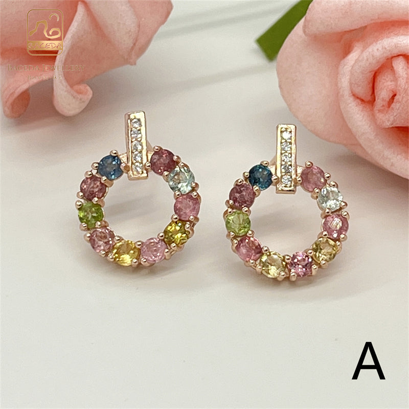 Baceda Colorful Tourmaline earrings Leaf Bowknot rose golden silver S925