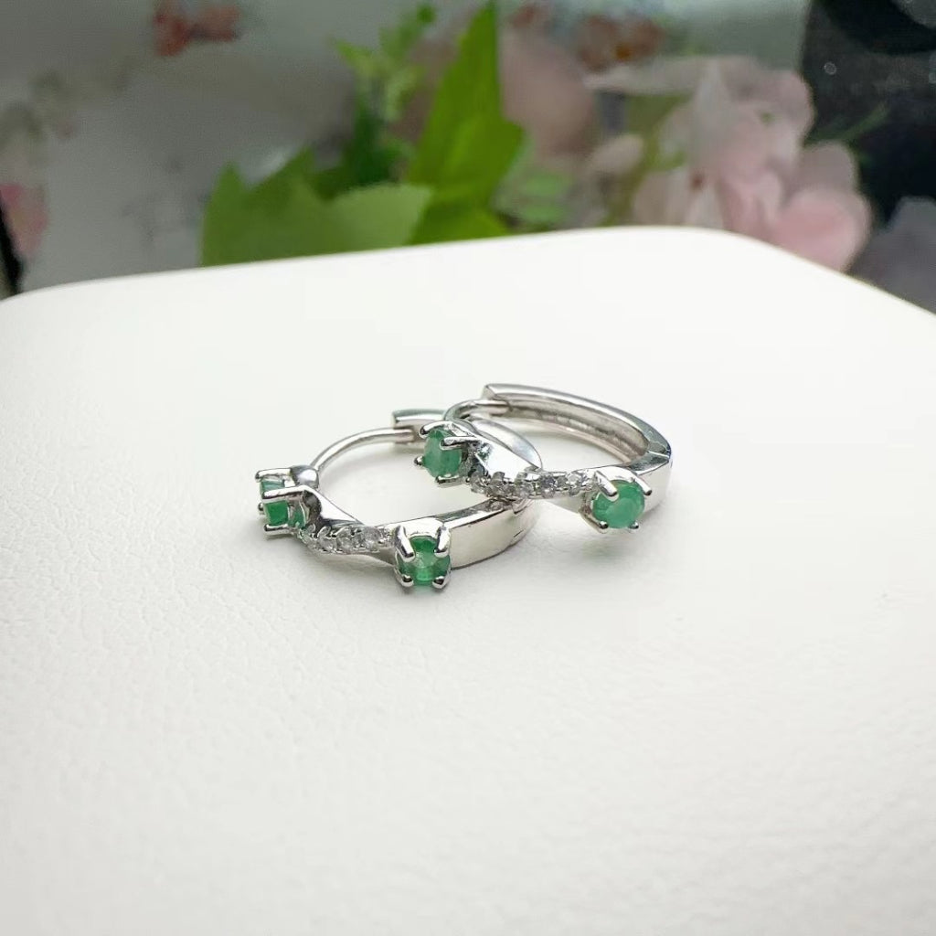 Emerald Earrings S925 Sterling Silver Stub English Lock Earring Halo Bowknot Round Gemstones
