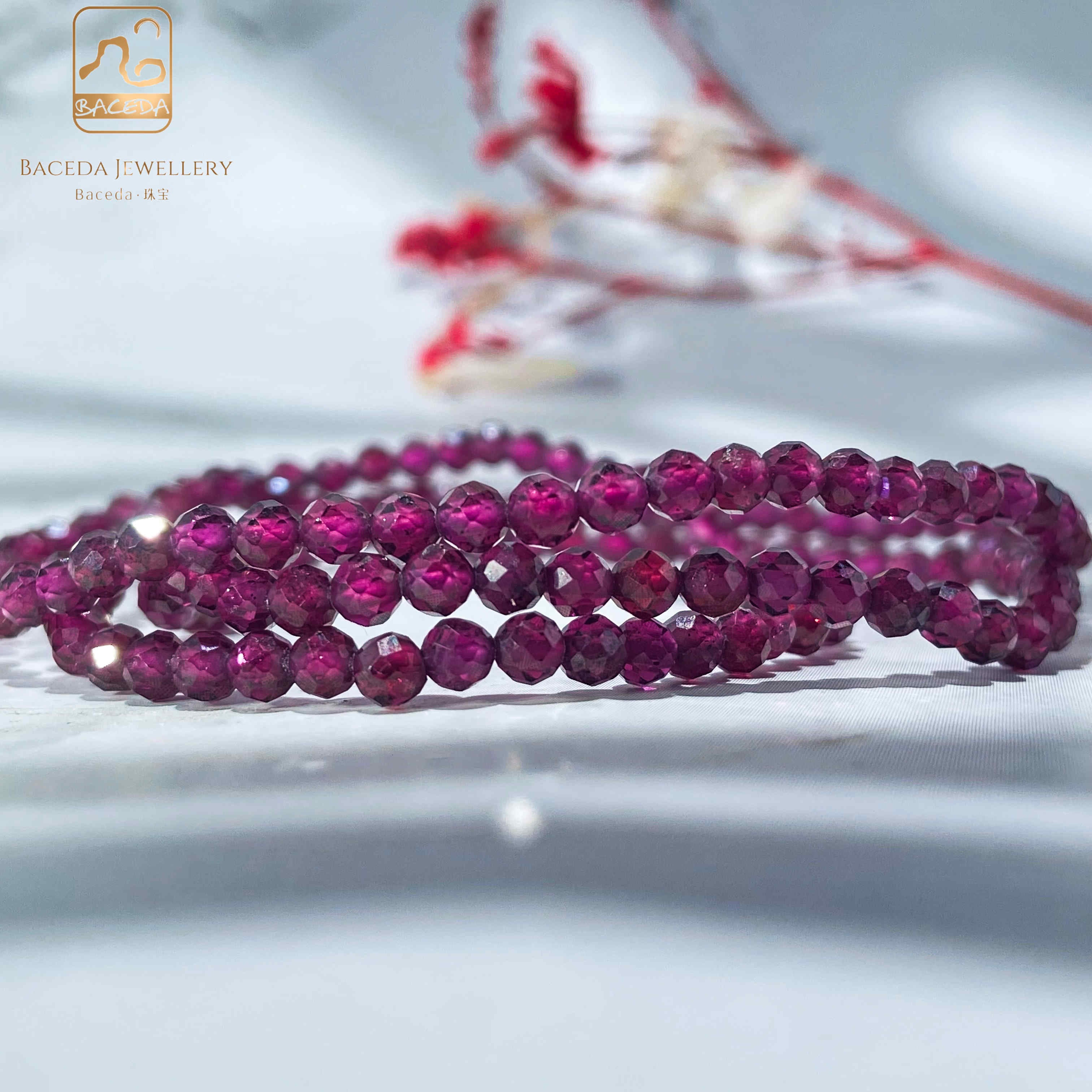 Baceda Natural Almandine Purple Garnet bracelet 3 laps necklace faceted cut design with certificate