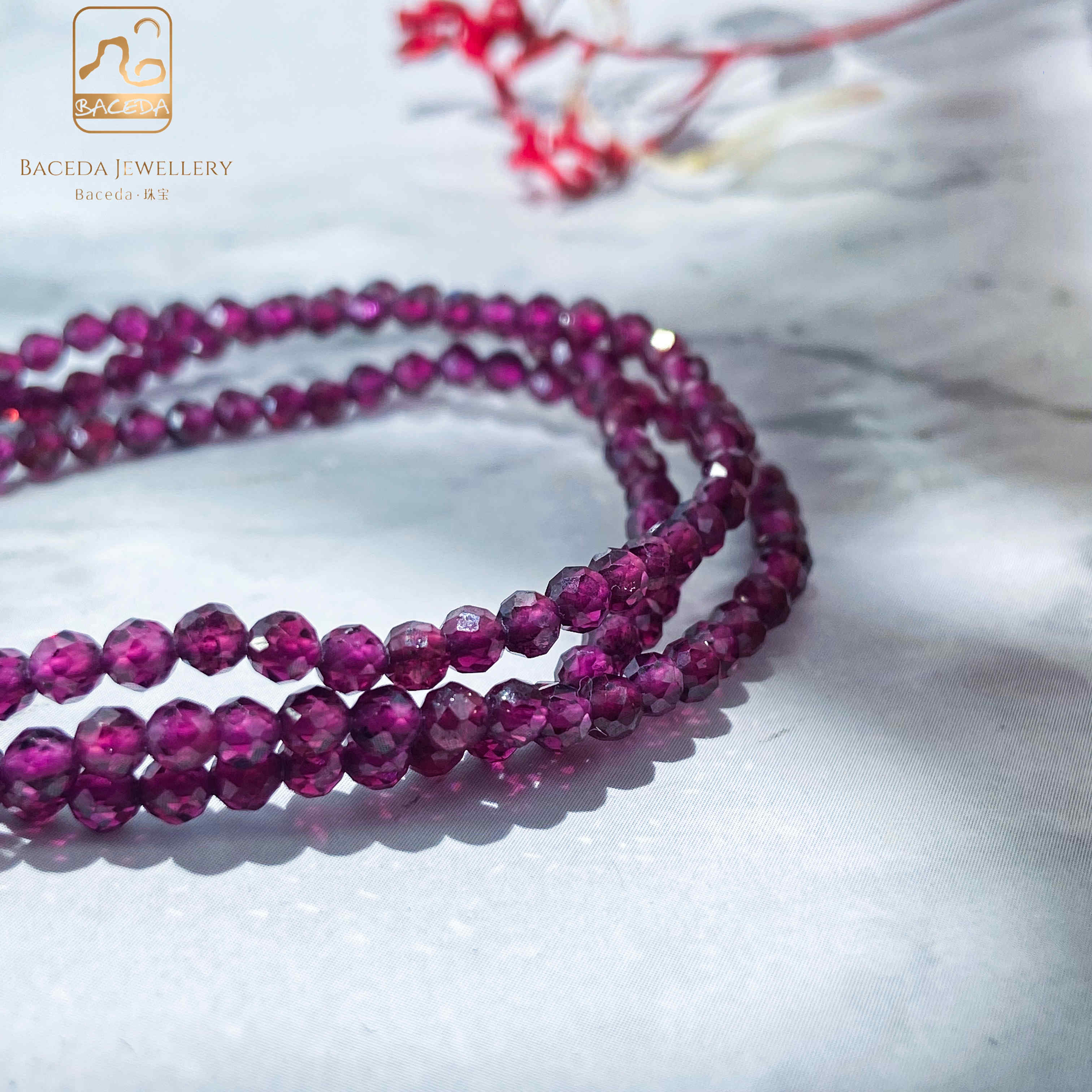 Baceda Natural Almandine Purple Garnet bracelet 3 laps necklace faceted cut design with certificate