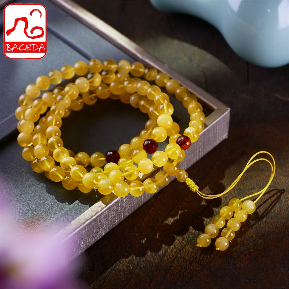 Baceda Natural Amber Buddha 108 beads necklace Honey Amber Golden oil Amber the Baltic Amber 3 laps bracelets with certificate and gift box