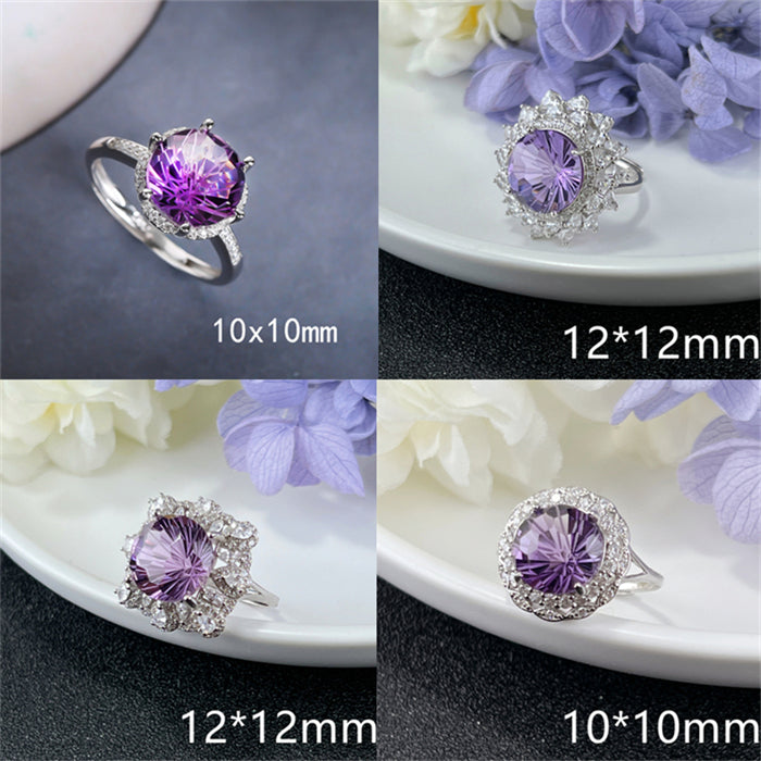 Luxury Amethyst Ring Round 10x10mm 12x12mm Big Ring Adjustable S925 Silver