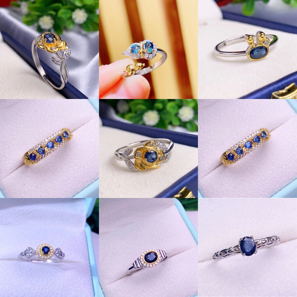 Sapphire Ring S925 Silver Rings Auspicious Flower Rabbit Gourd Fashion Design Jewellery Adjustable Size