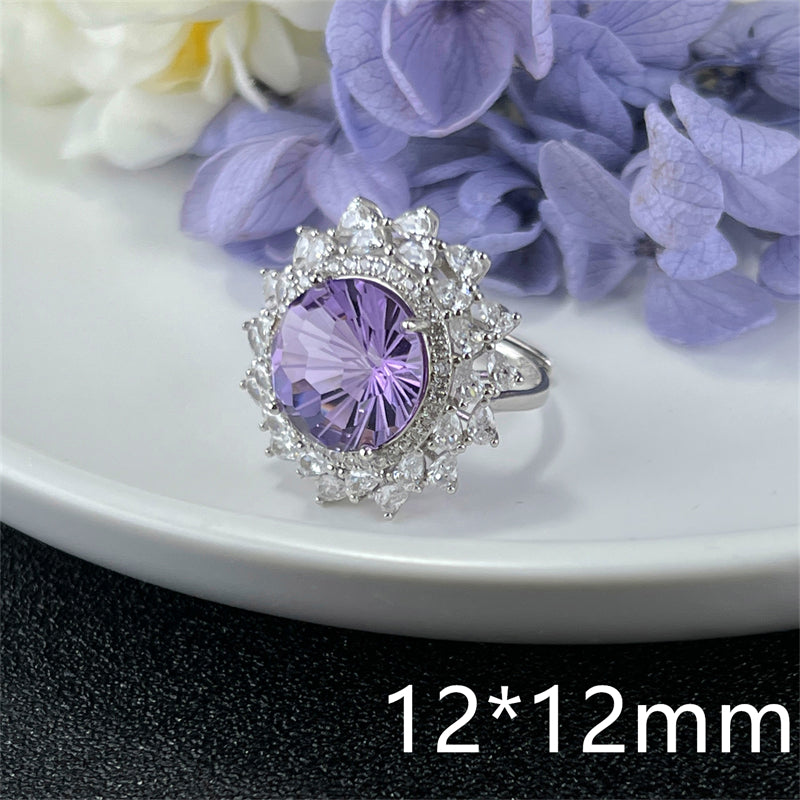 Luxury Amethyst Ring Round 10x10mm 12x12mm Big Ring Adjustable S925 Silver