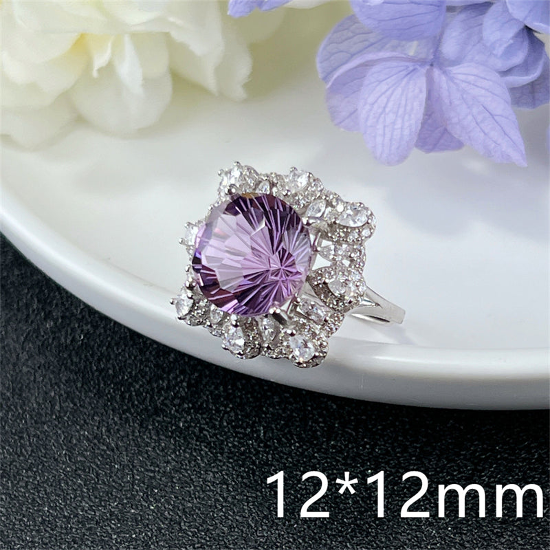 Luxury Amethyst Ring Round 10x10mm 12x12mm Big Ring Adjustable S925 Silver