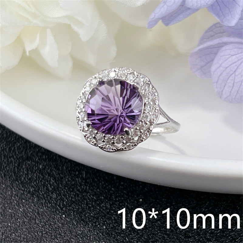 Luxury Amethyst Ring Round 10x10mm 12x12mm Big Ring Adjustable S925 Silver