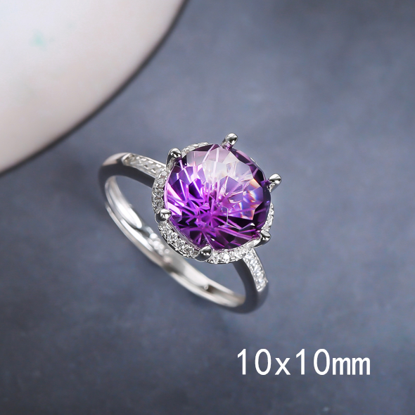 Luxury Amethyst Ring Round 10x10mm 12x12mm Big Ring Adjustable S925 Silver