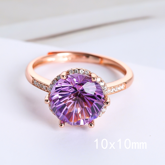 Luxury Amethyst Ring Round 10x10mm 12x12mm Big Ring Adjustable S925 Silver