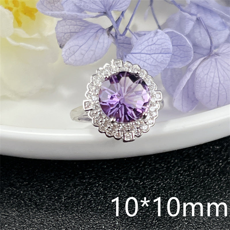 Luxury Amethyst Ring Round 10x10mm 12x12mm Big Ring Adjustable S925 Silver