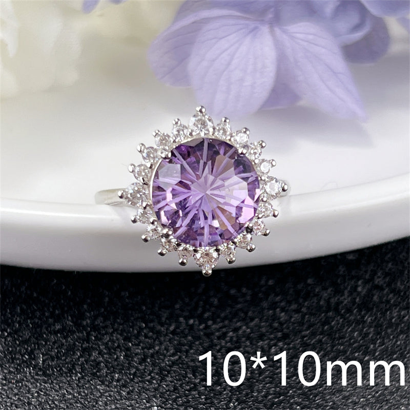 Luxury Amethyst Ring Round 10x10mm 12x12mm Big Ring Adjustable S925 Silver