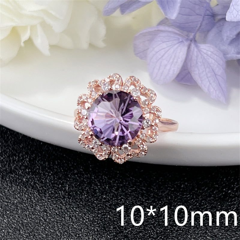 Luxury Amethyst Ring Round 10x10mm 12x12mm Big Ring Adjustable S925 Silver