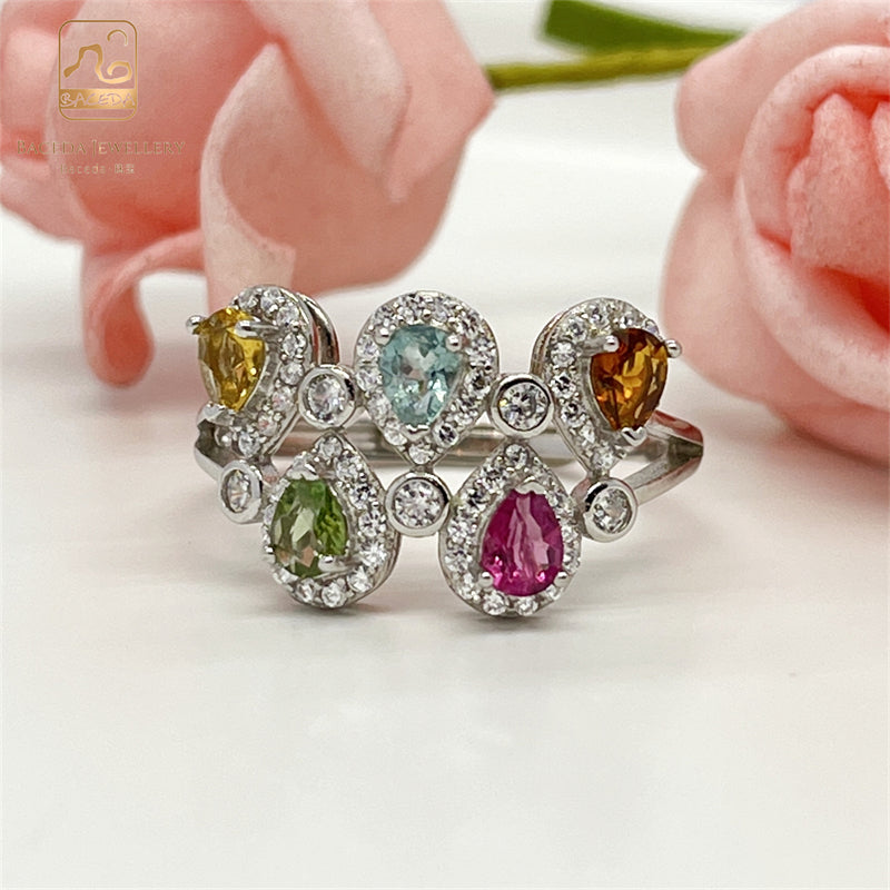 Baceda colorful Tourmaline ring heart crown drop shape Gemstone pink yellow blue green Tourmaline S925 silver rings
