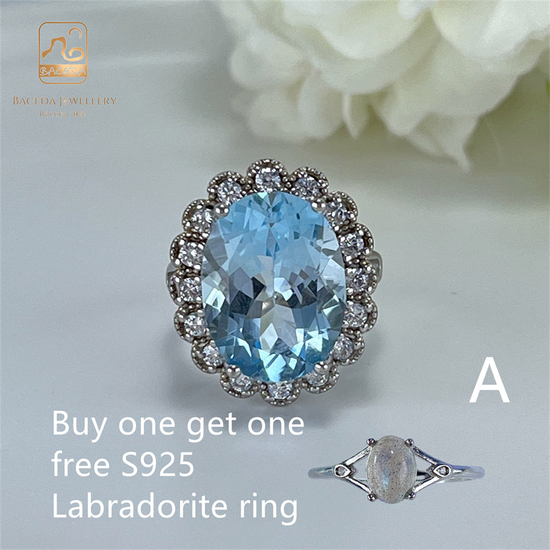 buy one get one free Labradorite ring Blue Topaz ring big stone 12x16mm 10x11mm S925 silver ring adjustable Pink Royal Blue Luxurious
