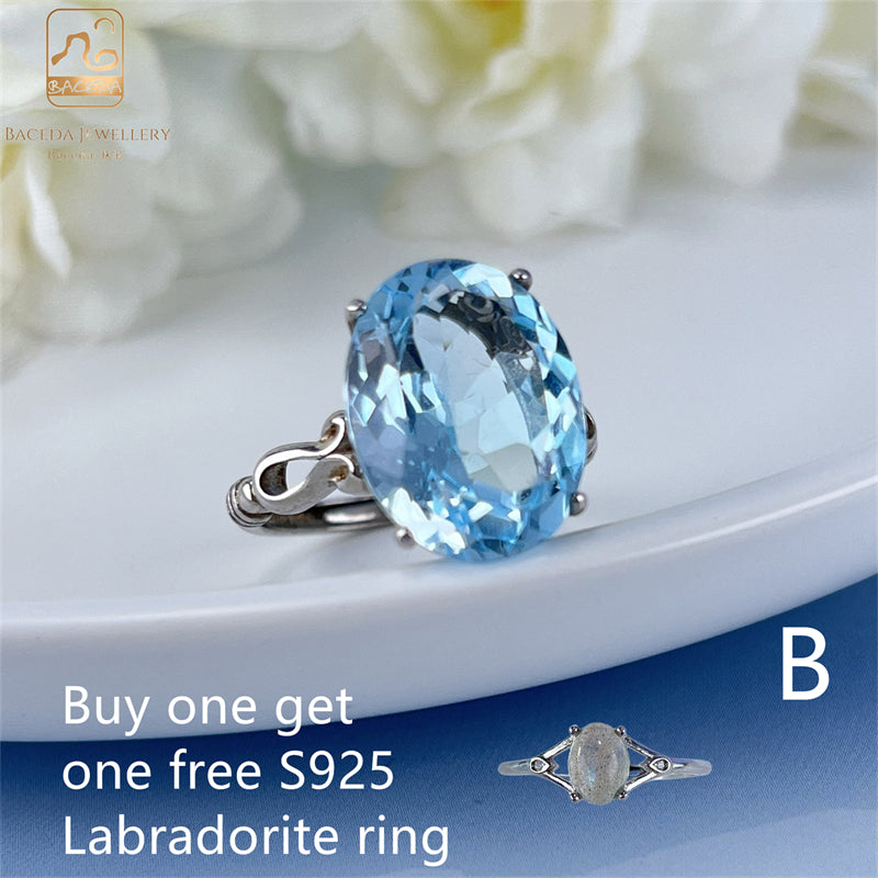 buy one get one free Labradorite ring Blue Topaz ring big stone 12x16mm 10x11mm S925 silver ring adjustable Pink Royal Blue Luxurious