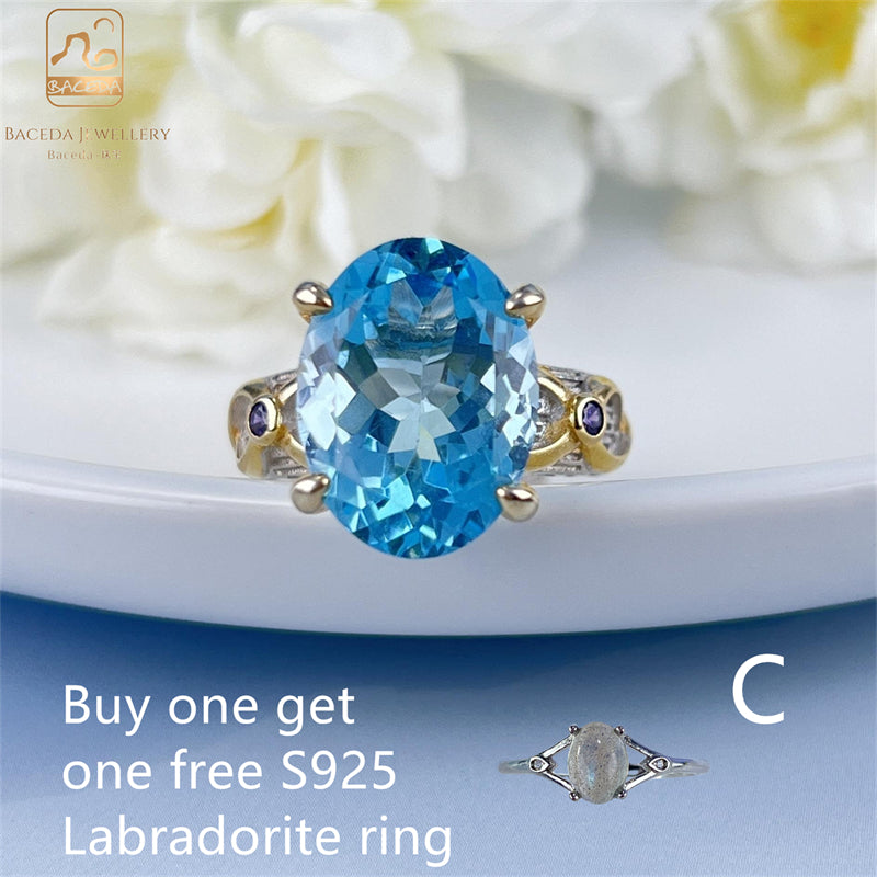 buy one get one free Labradorite ring Blue Topaz ring big stone 12x16mm 10x11mm S925 silver ring adjustable Pink Royal Blue Luxurious