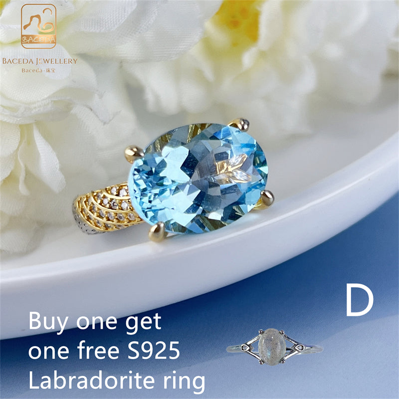 buy one get one free Labradorite ring Blue Topaz ring big stone 12x16mm 10x11mm S925 silver ring adjustable Pink Royal Blue Luxurious