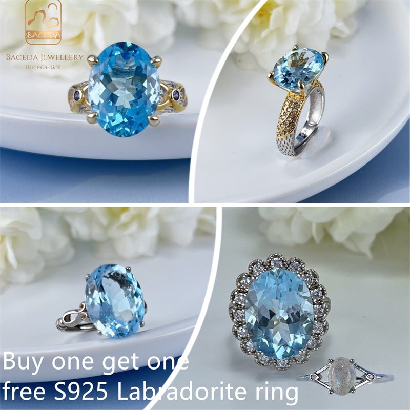 buy one get one free Labradorite ring Blue Topaz ring big stone 12x16mm 10x11mm S925 silver ring adjustable Pink Royal Blue Luxurious