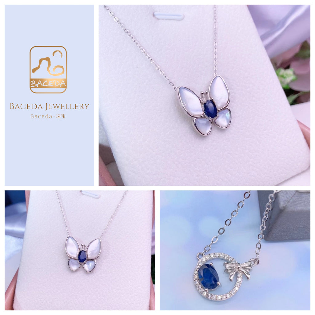 Dây chuyền Sapphire xanh hình con bướm S925 Dây chuyền bạc