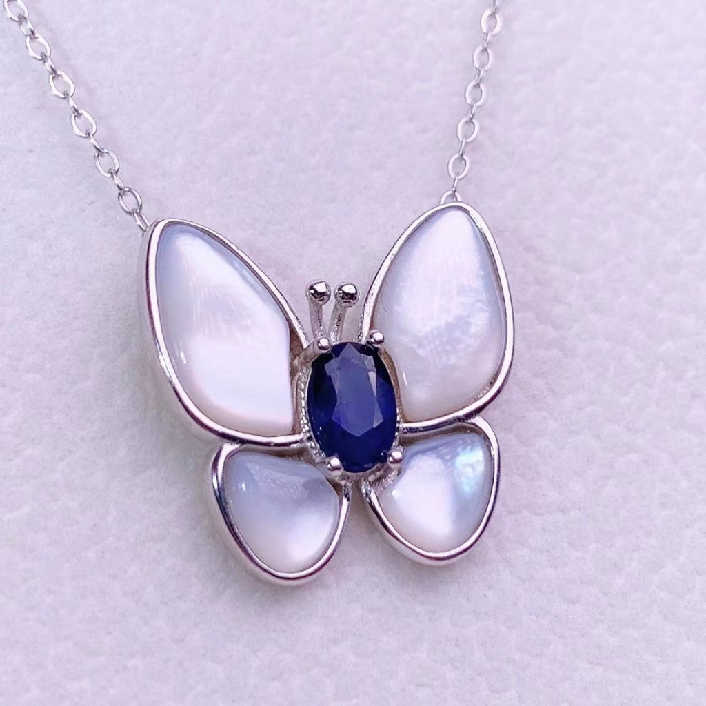 Dây chuyền Sapphire xanh hình con bướm S925 Dây chuyền bạc