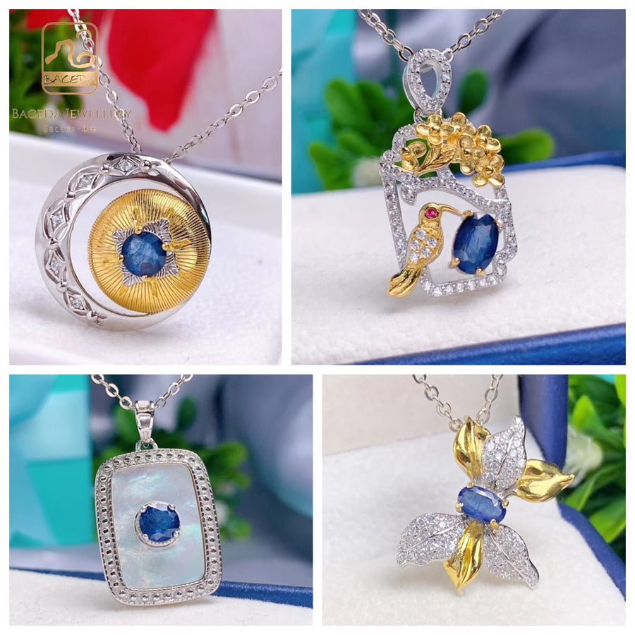 blue Sapphire pendant S925 silver sterling gemstone round oval fashion design jewelry
