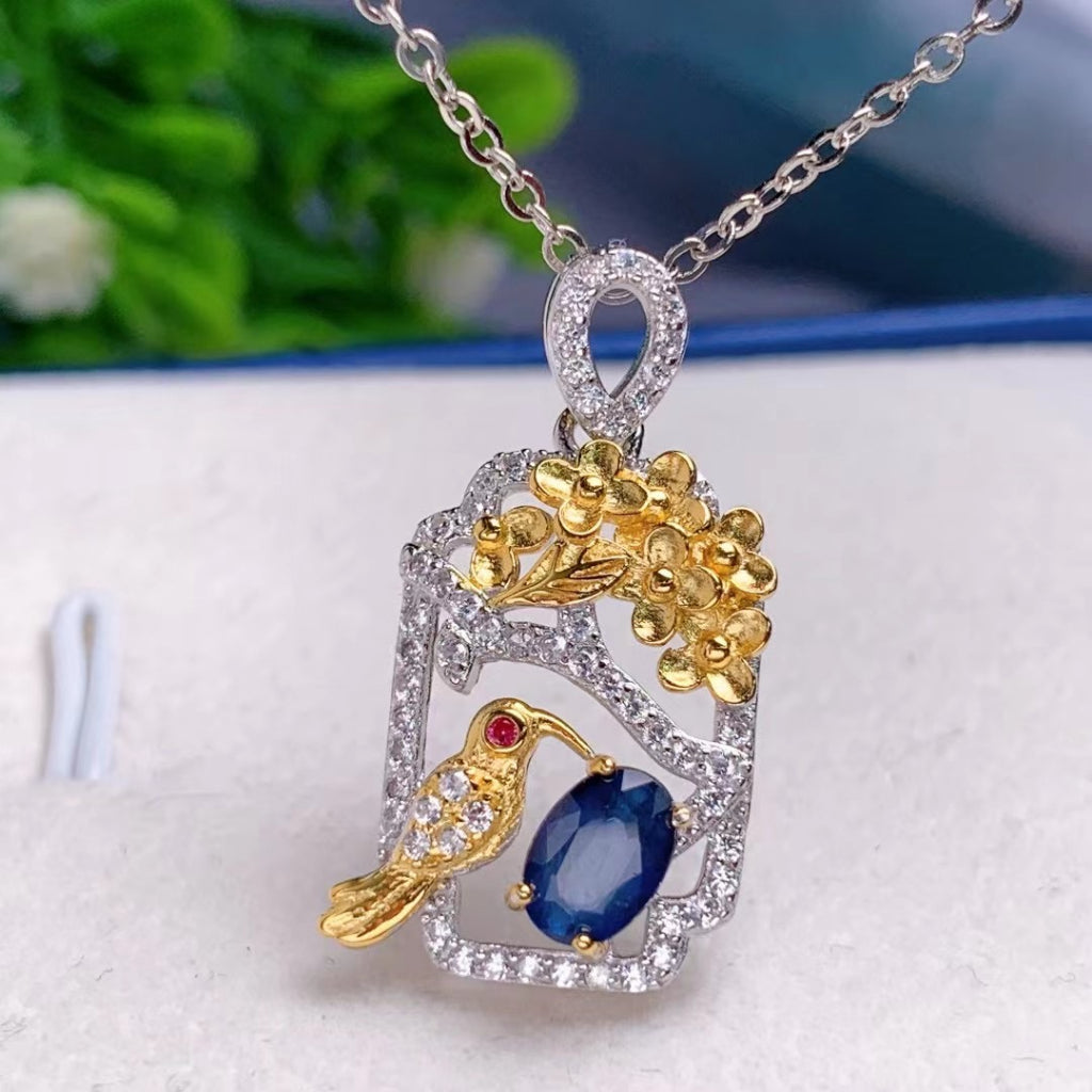 blue Sapphire pendant S925 silver sterling gemstone round oval fashion design jewelry