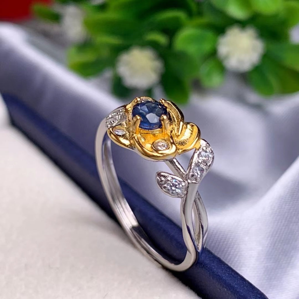 Sapphire Ring S925 Silver Rings Auspicious Flower Rabbit Gourd Fashion Design Jewellery Adjustable Size