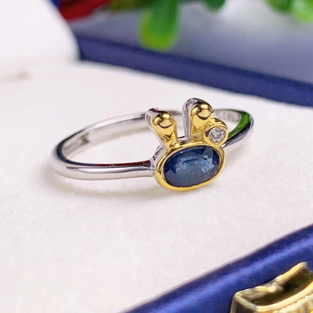 Sapphire Ring S925 Silver Rings Auspicious Flower Rabbit Gourd Fashion Design Jewellery Adjustable Size