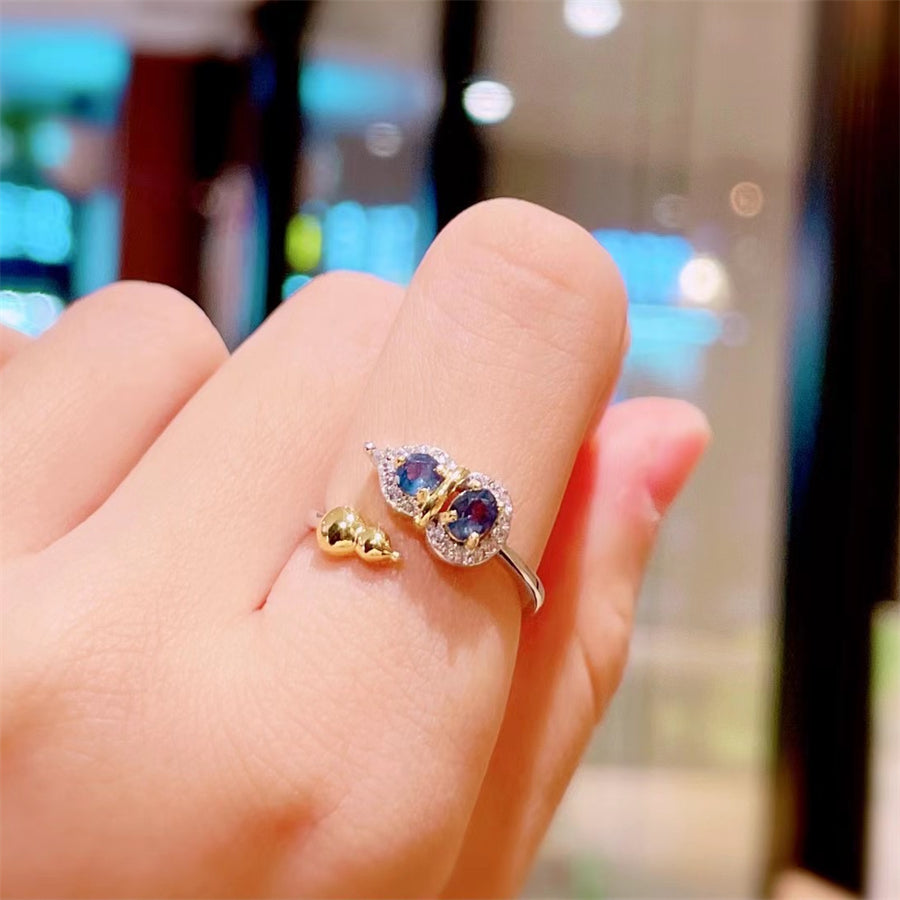 Sapphire Ring S925 Silver Rings Auspicious Flower Rabbit Gourd Fashion Design Jewellery Adjustable Size