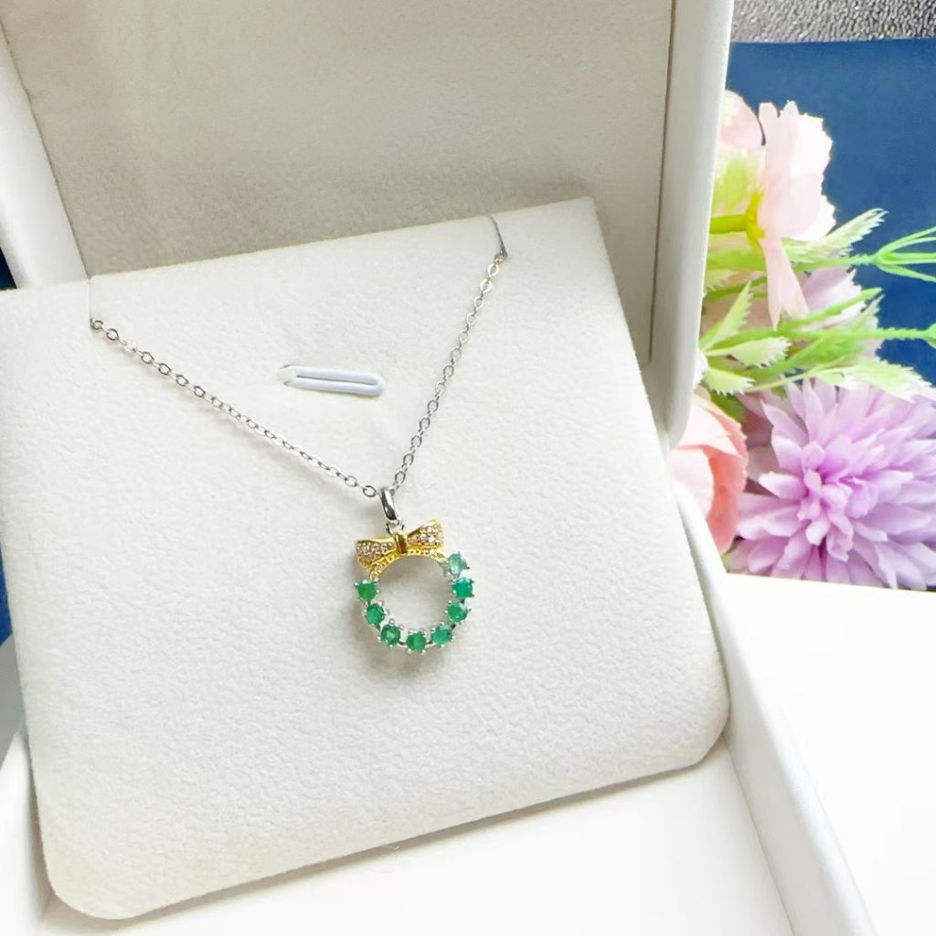 Emerald Pendant S925 Silver Sterling Pendants Round Bowknot Cute Design Jewellery Copper Chain