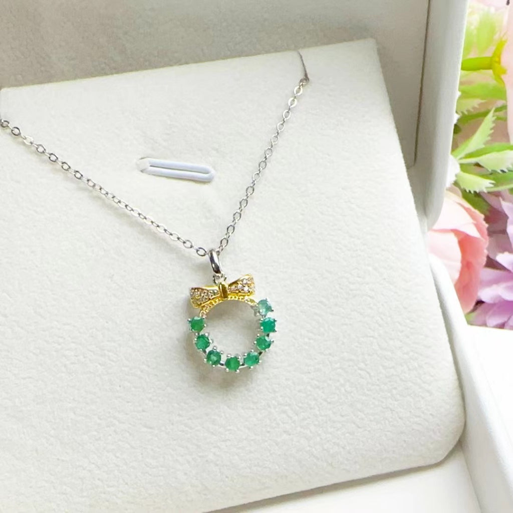 Emerald Pendant S925 Silver Sterling Pendants Round Bowknot Cute Design Jewellery Copper Chain