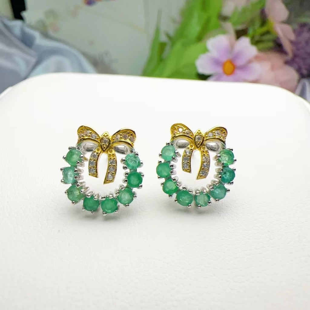 Emerald Earrings S925 Sterling Silver Stub English Lock Earring Halo Bowknot Round Gemstones