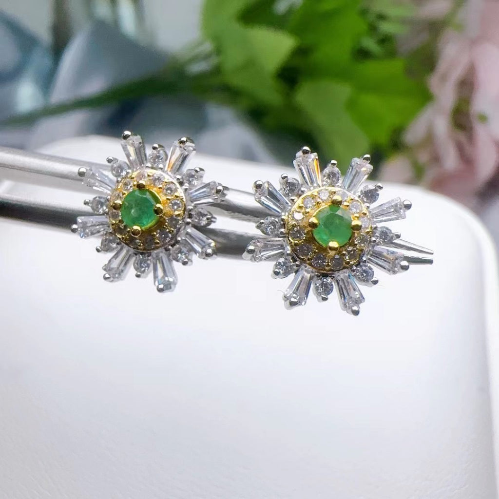 Emerald Earrings S925 Sterling Silver Stub English Lock Earring Halo Bowknot Round Gemstones