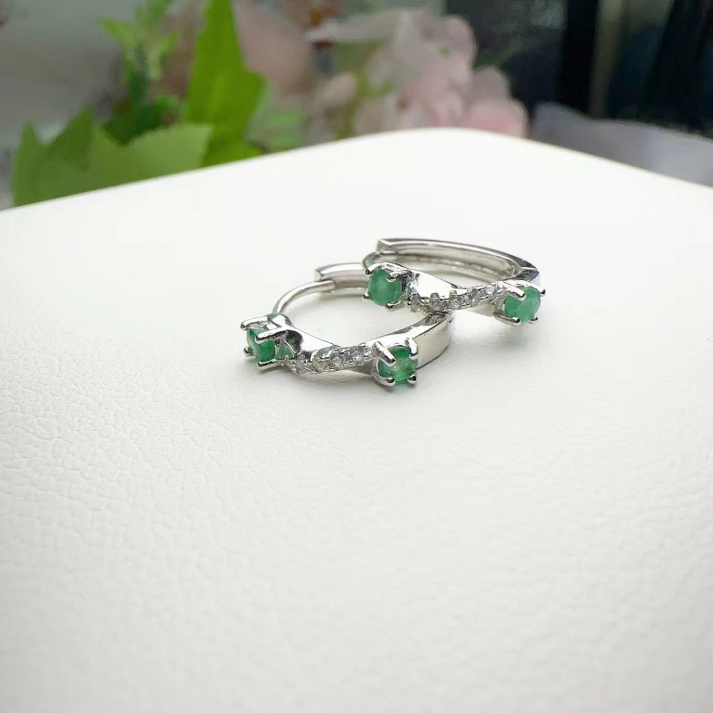 Emerald Earrings S925 Sterling Silver Stub English Lock Earring Halo Bowknot Round Gemstones