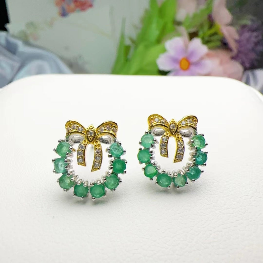 Emerald Earrings S925 Sterling Silver Stub English Lock Earring Halo Bowknot Round Gemstones