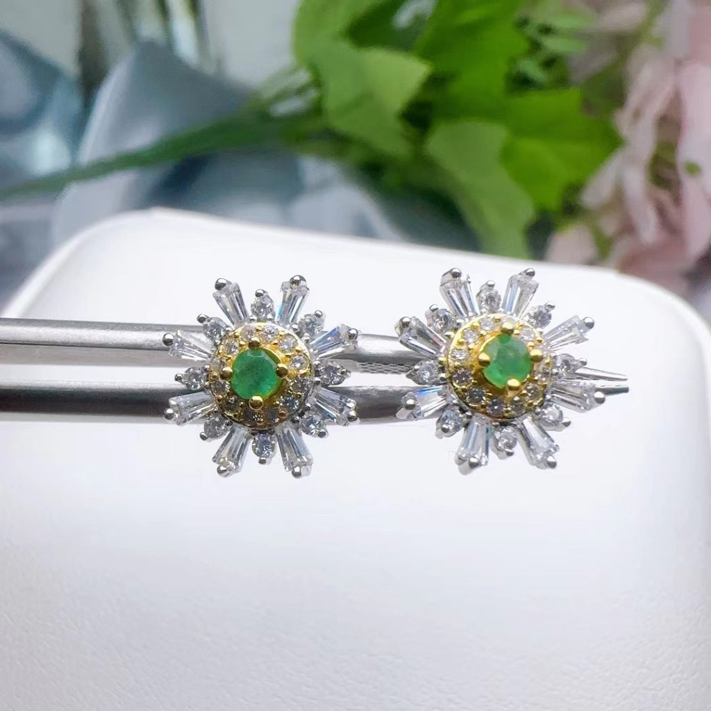Emerald Earrings S925 Sterling Silver Stub English Lock Earring Halo Bowknot Round Gemstones