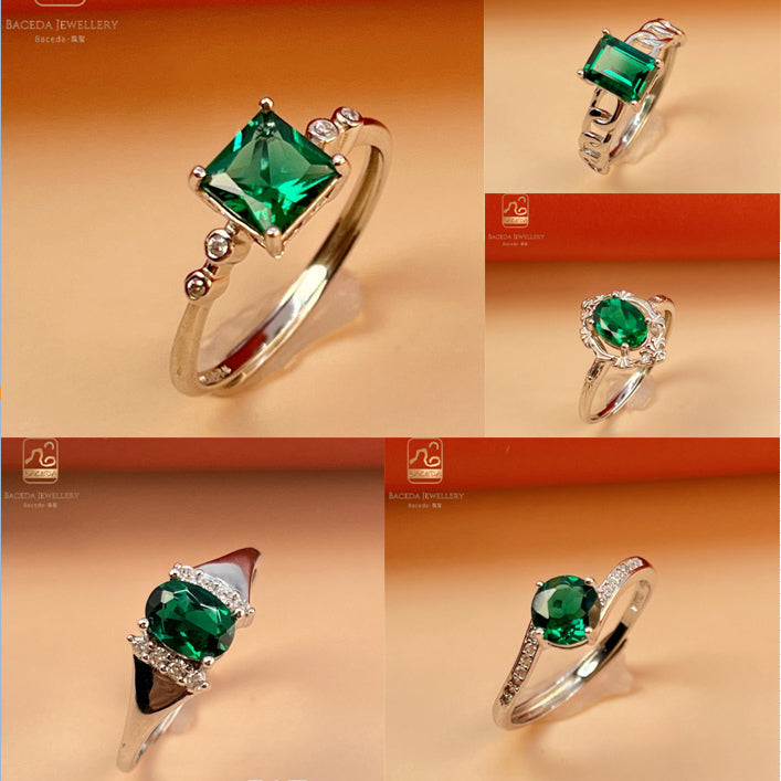 Emerald ring S925 silver sterling gemstones oval rectangle square round free size