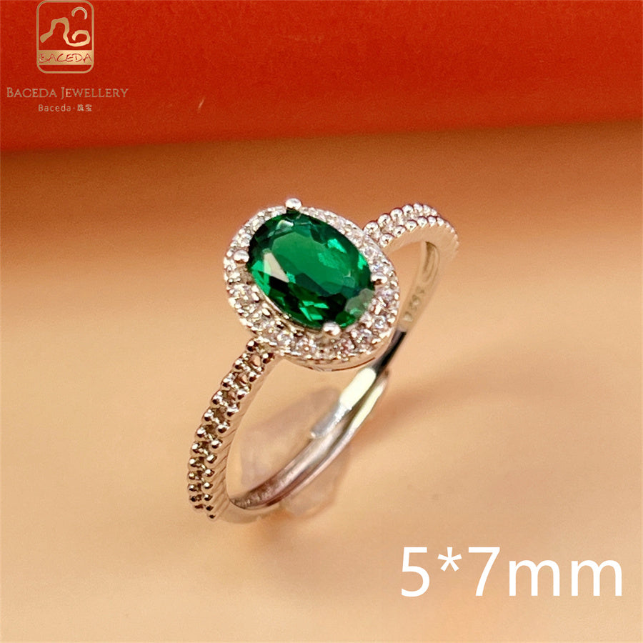 Emerald ring S925 silver sterling gemstones oval rectangle square round free size