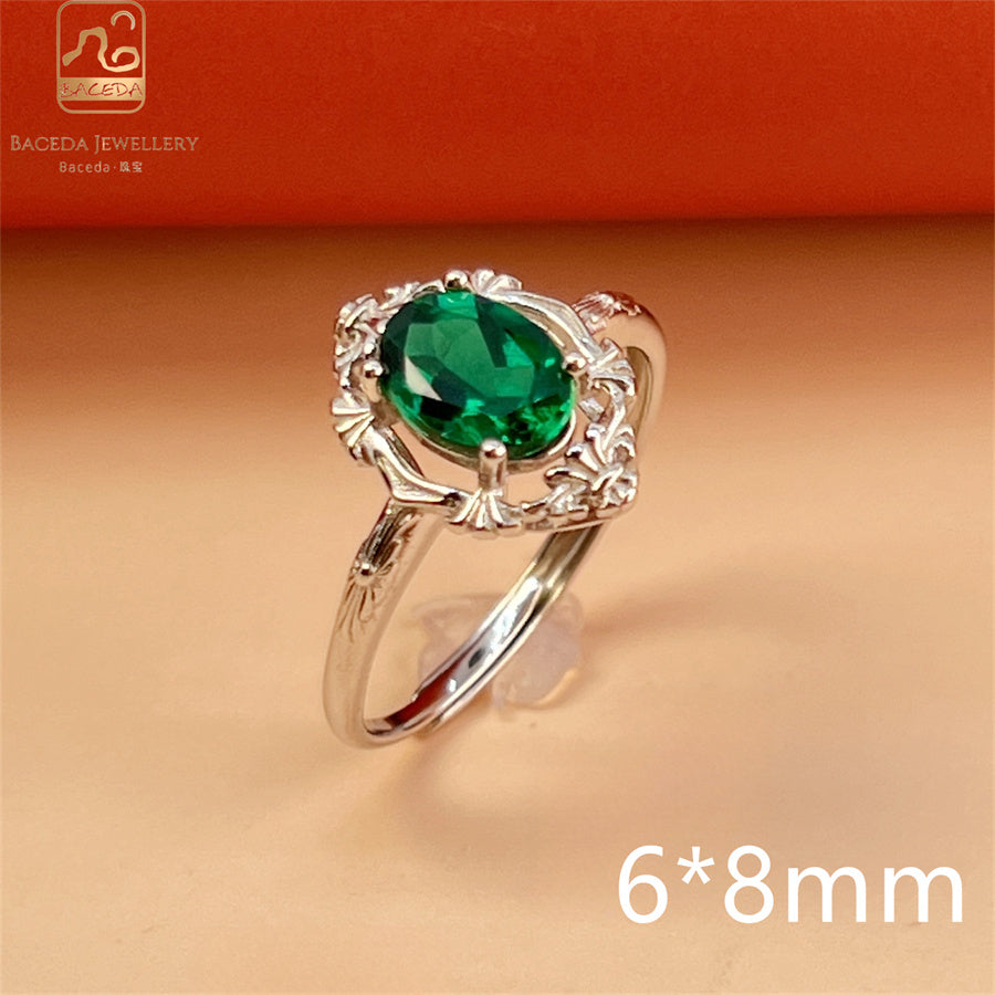Emerald ring S925 silver sterling gemstones oval rectangle square round free size