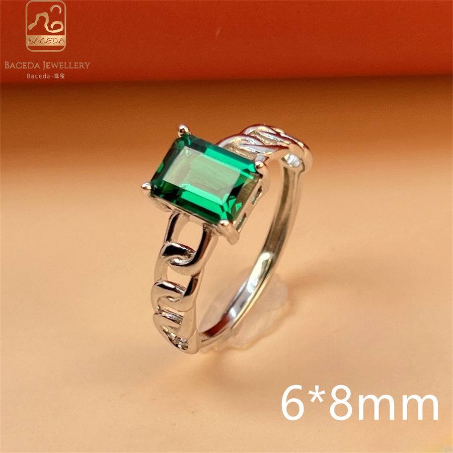 Emerald ring S925 silver sterling gemstones oval rectangle square round free size