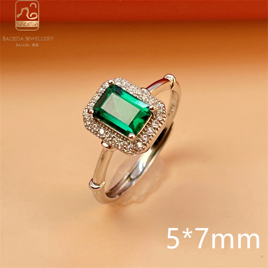 Emerald ring S925 silver sterling gemstones oval rectangle square round free size