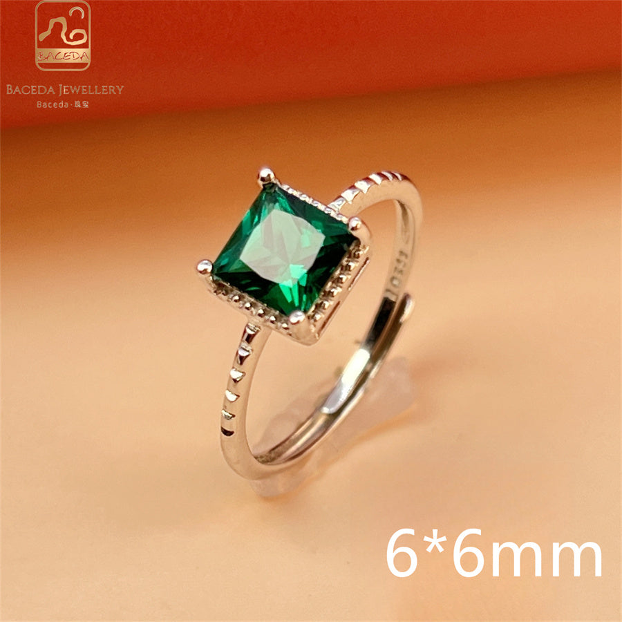 Emerald ring S925 silver sterling gemstones oval rectangle square round free size