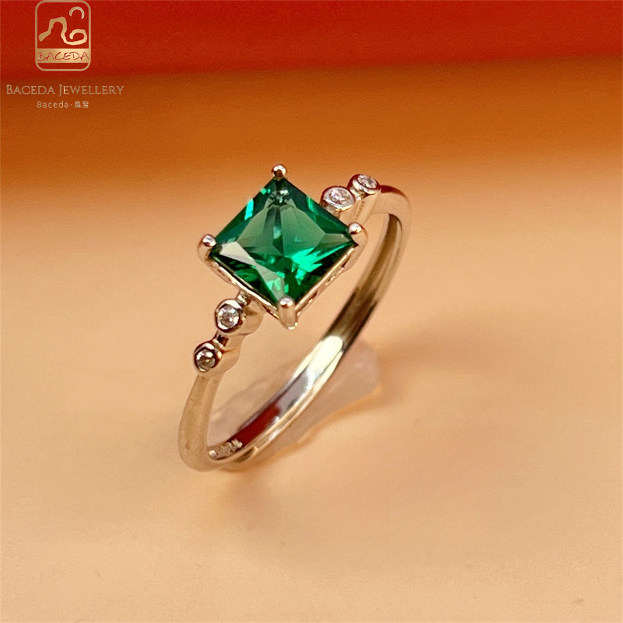 Emerald ring S925 silver sterling gemstones oval rectangle square round free size
