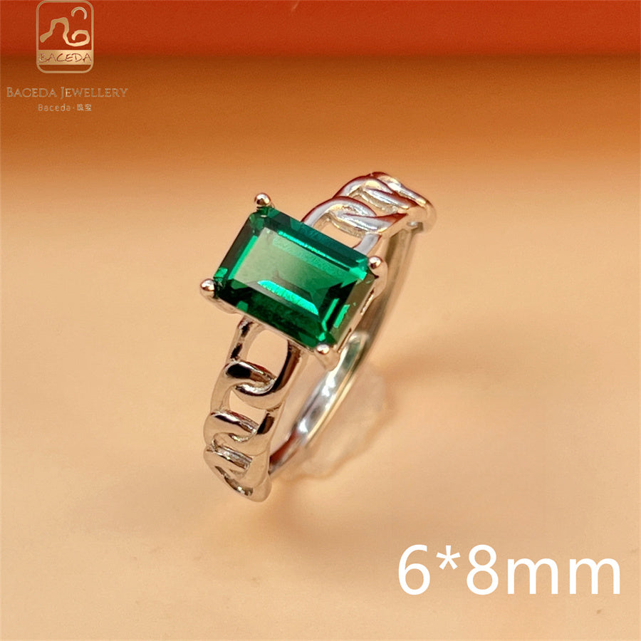 Emerald ring S925 silver sterling gemstones oval rectangle square round free size
