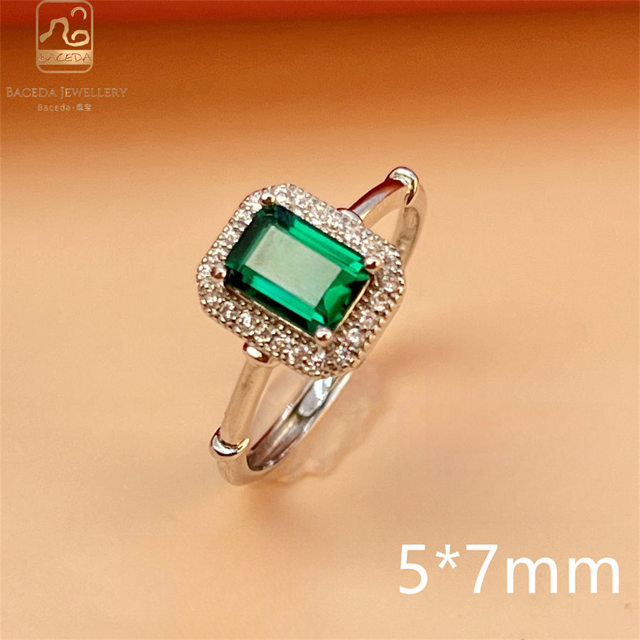 Emerald ring S925 silver sterling gemstones oval rectangle square round free size