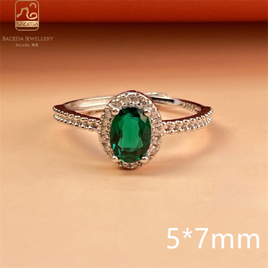 Emerald ring S925 silver sterling gemstones oval rectangle square round free size