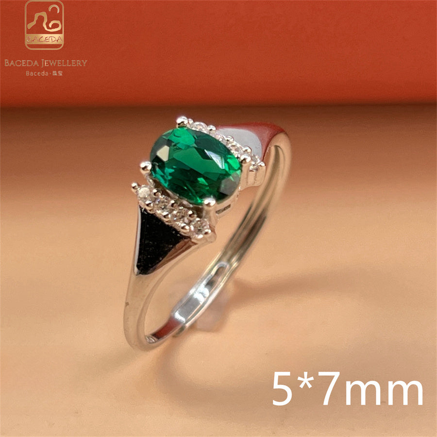 Emerald ring S925 silver sterling gemstones oval rectangle square round free size