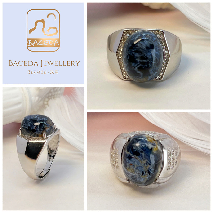 S925 silver Pietersite men ring adjustable size oval big gemstone