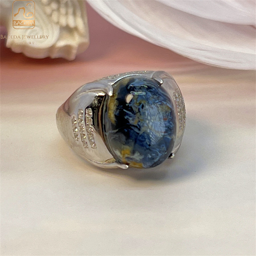 S925 silver Pietersite men ring adjustable size oval big gemstone